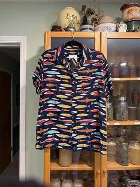 Androgynous Fox The Upstreamer Fish Print Short Sleeve Button Down Shirt